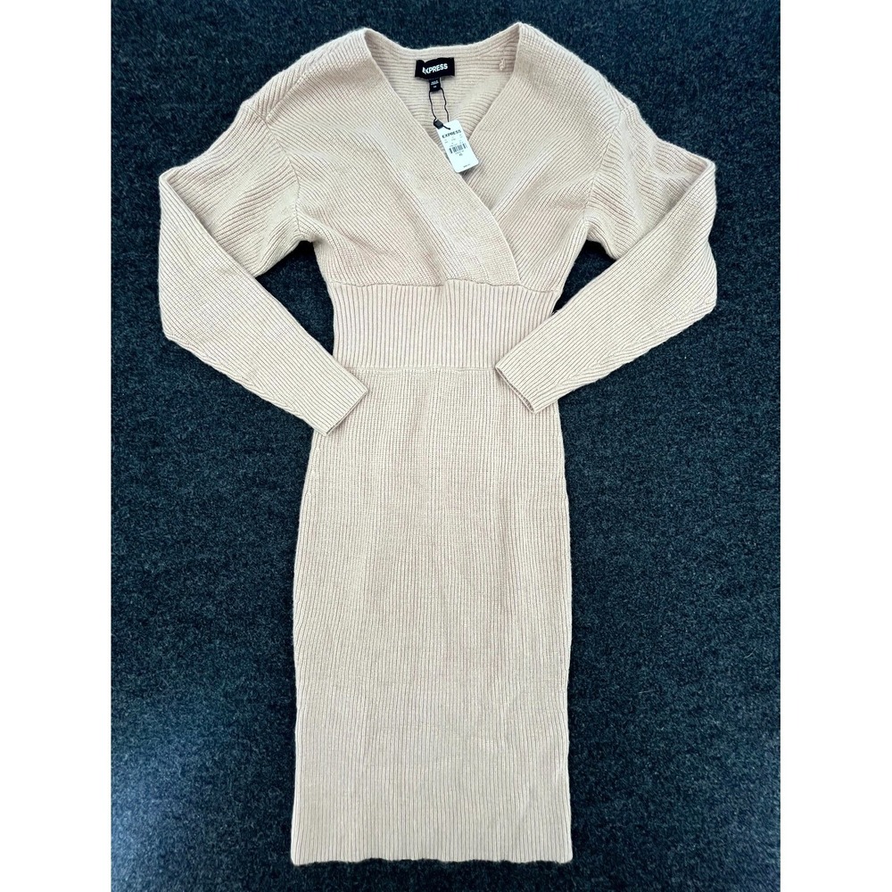 Express Ribbed Knit Wrap Dress Womens XS Beige Surplice Neck Long Sleeve Casual